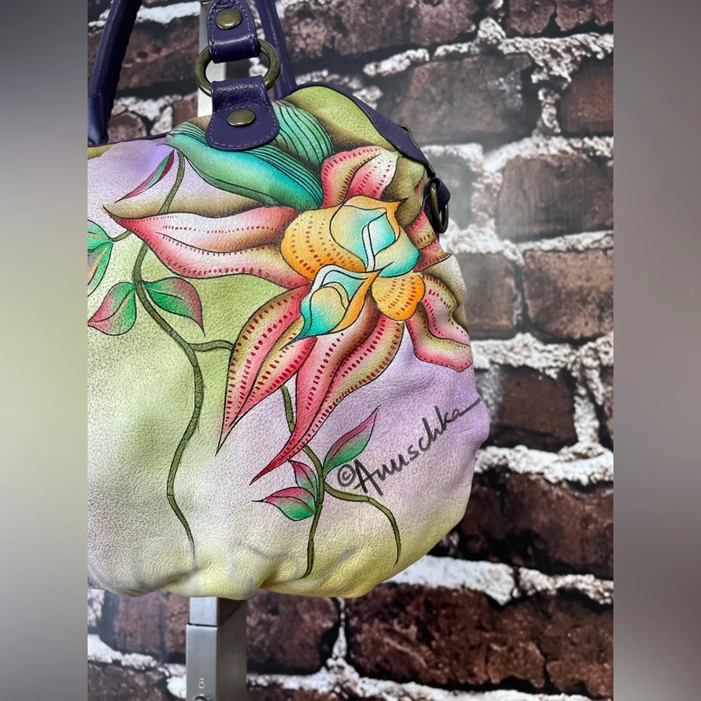 ANUSCHKA Hobo Bag Hand Painted Leather Purse Birds Tropical Flowers - Picture 12 of 15